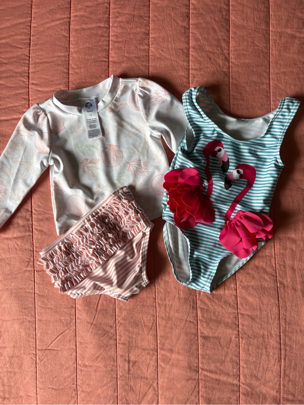 Gerber Teal Striped Flamingo One-Piece Swimsuit with Hot Pink Ruffles